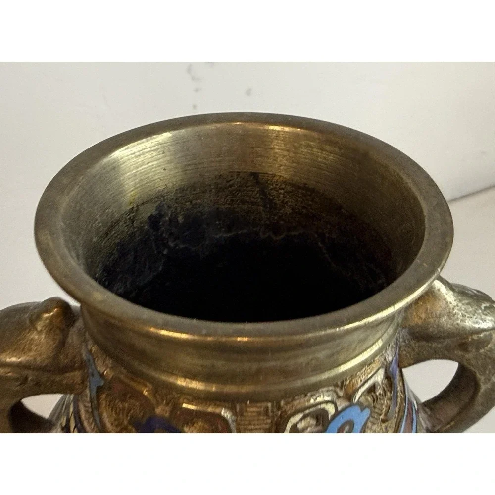 Vintage Japanese Champleve Enamel Brass Bronze Vase Urn Dragon Handle Antique